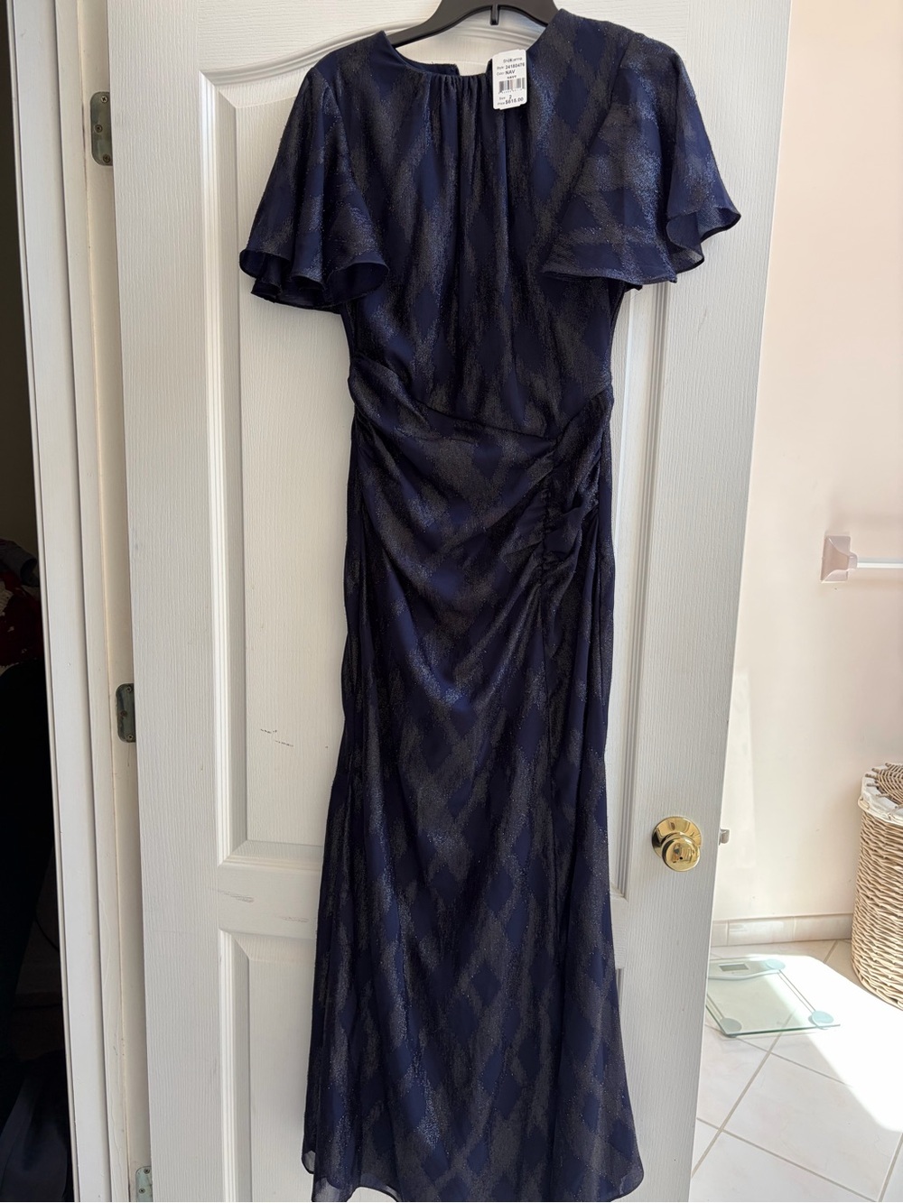 NWT Shoshanna Midnight Navy Metallic Jacquard Flutter Sleeve Gown Size 2